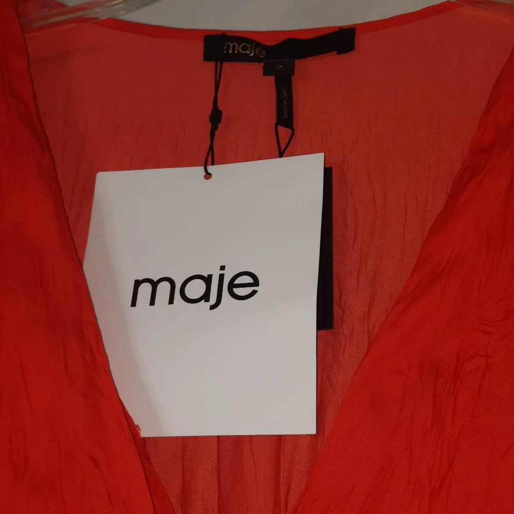 MAJE Peplum Blouse Smock Waist Tomato Red Long Sleeve 2 NWT - Picture 4 of 9